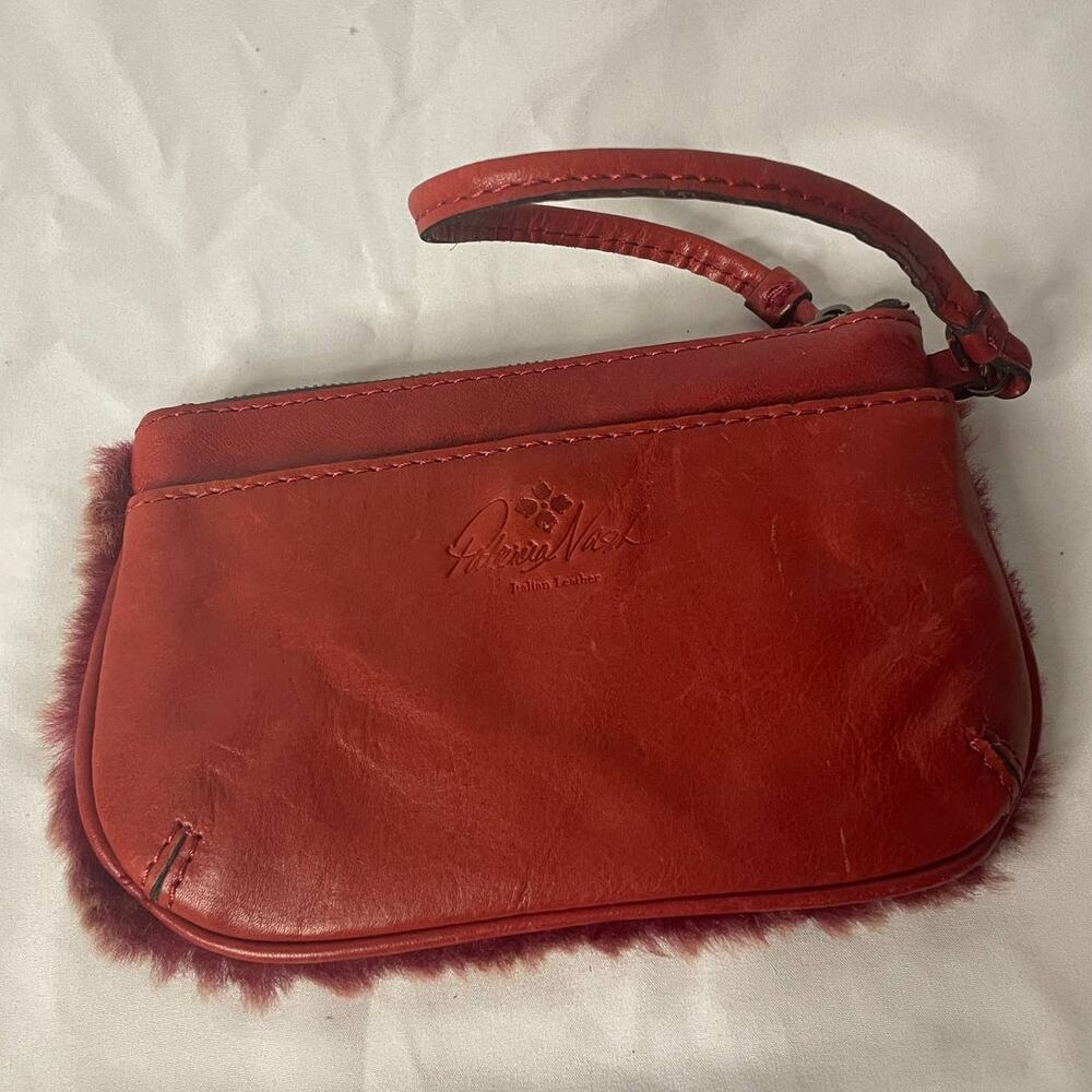 Patrizia Nash Red Leather Wristlet Purse Pouch Sherpa Fur Medium